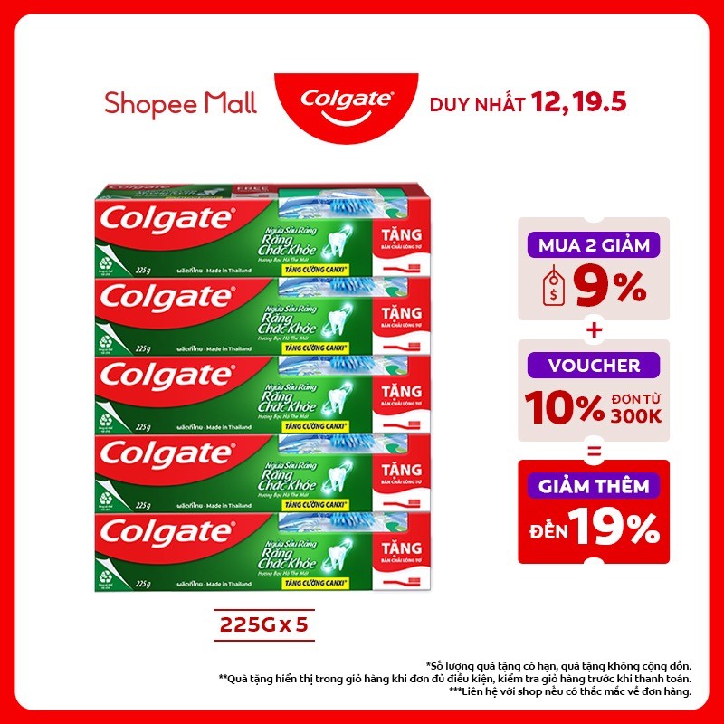 Ảnh Bộ 5 Kem đánh răng Colgate ngừa sâu răng răng chắc khỏe 225g/tuýp tặng bàn chải 1
