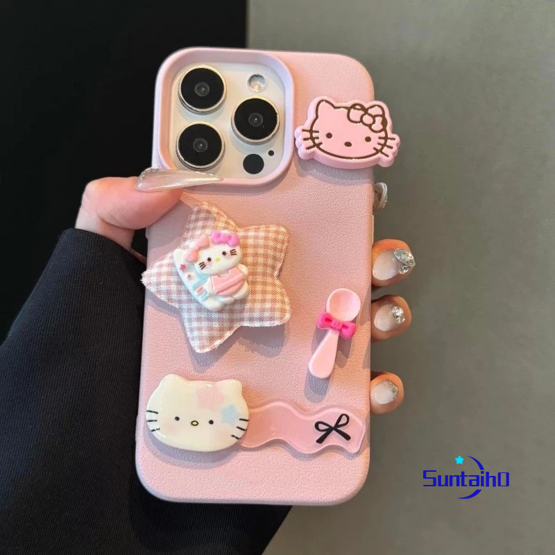 Suntaiho Ốp Lưng iPhone Dễ Thương Hoạt Hình Hello Kitty 3D Màu Hồng DIY Ốp Điện Thoại Silicon Mềm Cao Cấp Chống Sốc Cho iPhone 11 12 13 14 15 16 Pro max IP 7 8 Plus Iphon X Xs XR Xs max