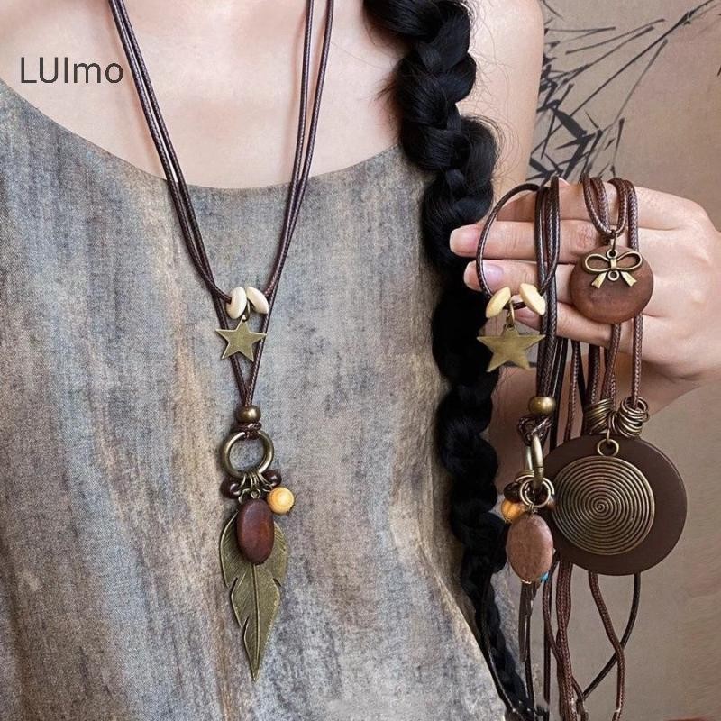 LUImo Vintage Boho Vòng Cổ Kim Loại Cho Nữ Cổ Dài Dây Xích Mặt Dây Chuyền Handmade Tuyên Bố Lớp Phụ Kiện Trang Sức SBS