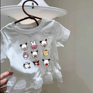 Áo thun ngắn tay cotton mới cho bé gái mùa hè, họa tiết chắp vá, viền ren, áo in hình dễ thương cho trẻ em