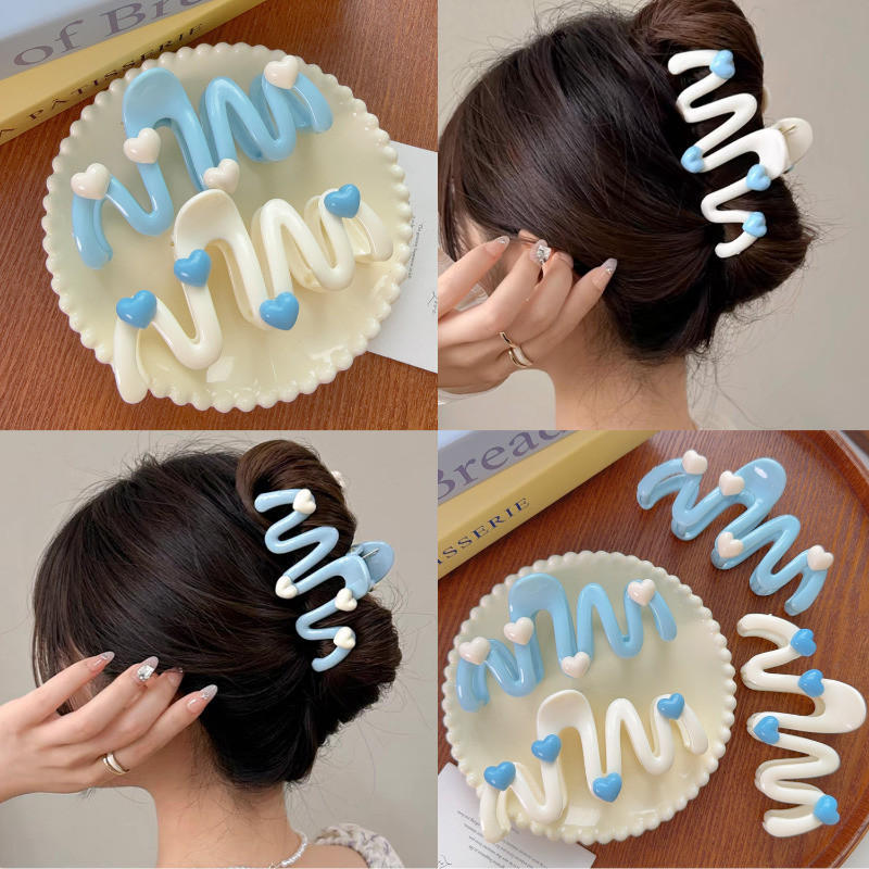 Phụ kiện tóc nướu cho nữ | Kẹp tóc sóng xanh / trắng ngọt ngào, thiết kế nhẹ 10,5cm để tạo kiểu và phối hợp trang phục hàng ngày