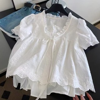 Phong Cách Hàn Quốc Nữ Nữ Rời Ruffle Baggy Áo Sơ Mi Tay Ngắn Áo Ren Thêu Giả-hai Mảnh