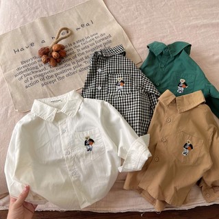 Áo sơ mi dài tay cho bé trai và bé gái mẫu mới xuân thu Áo sơ mi cổ bẻ thêu hình gấu trẻ em phong cách Hàn Quốc