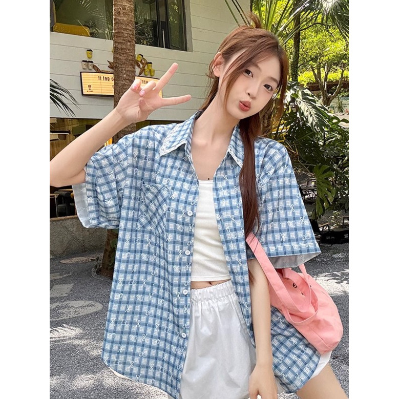 SUXI Áo sơ mi ngắn tay kẻ sọc nơ xanh cổ điển mới mùa hè dành cho nữ 250520