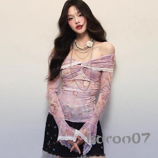 Áo thun nữ dài tay in hoa ren viền thuyền cổ lệch vai Áo sơ mi mùa xuân thu Slim Fit Áo thường ngày