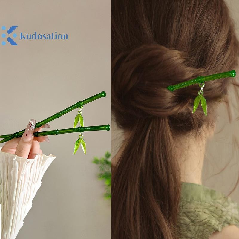 Kudosation 2024 Mới Phong Cách Trung Hoa Nhựa Xanh Lá Tre Tóc Dính Cho Nữ Cô Gái Vintage Acrylic Chop Kẹp Tóc Phụ Kiện Tóc