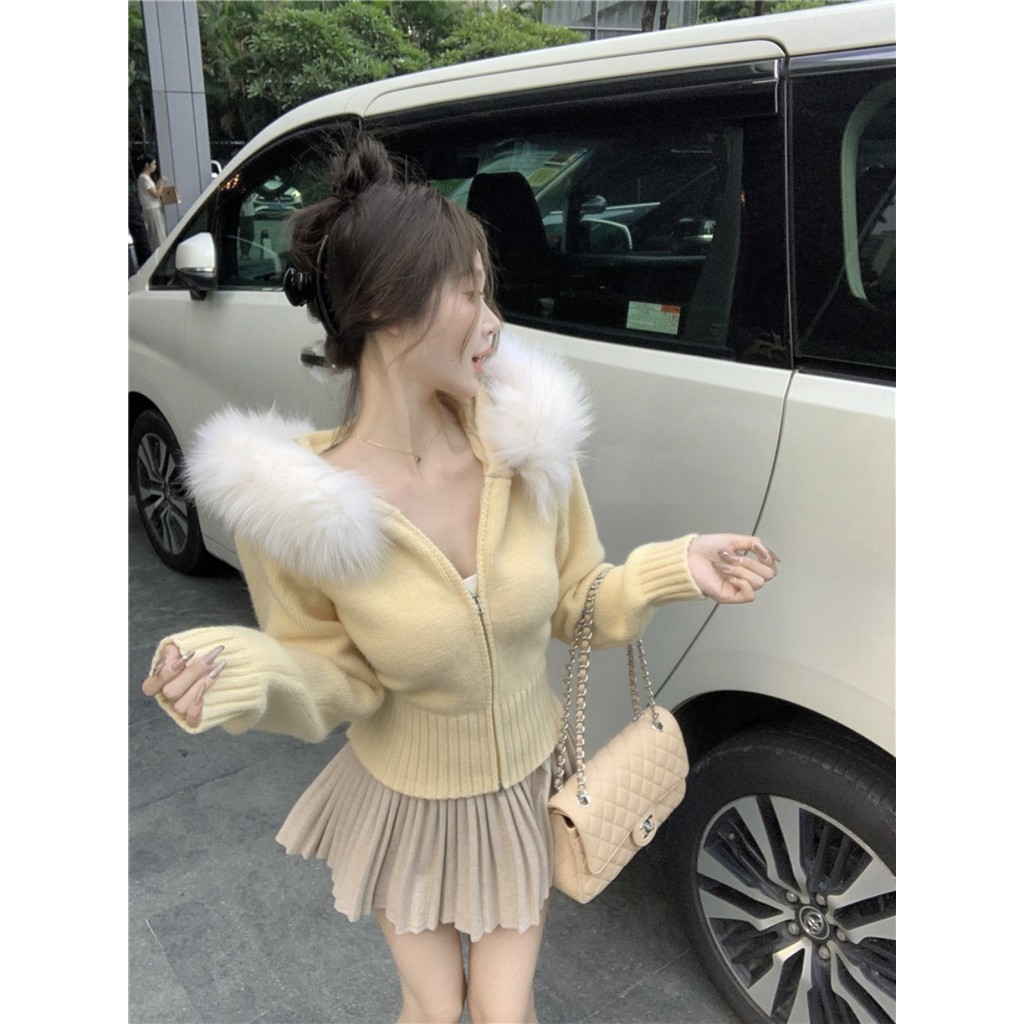 Cổ Lông Trắng Có Mũ Trùm Đầu Dài Tay Dệt Kim Cardigan Nữ Thu Đông Áo Len Ngọt Ngào Thiết Kế Phù Hợp Với Cảm Giác Đôi Dây Kéo Top