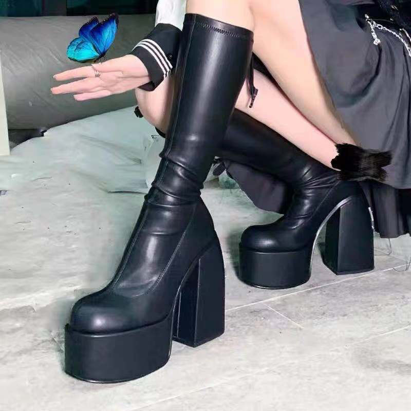 Bốt Nữ Đế Dày Phong Cách Punk Gothic Cao Gót Trên Đầu Gối Dự Tiệc Thời Trang Size Lớn
