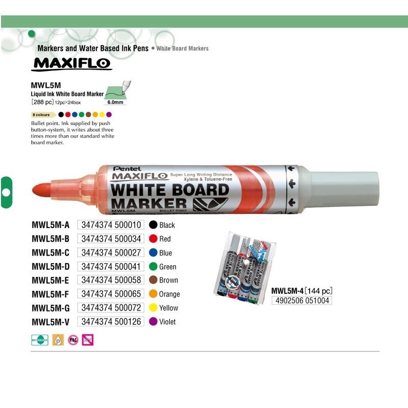 Bút lông viết bảng Pentel đuôi bấm bơm mực MWL5M.