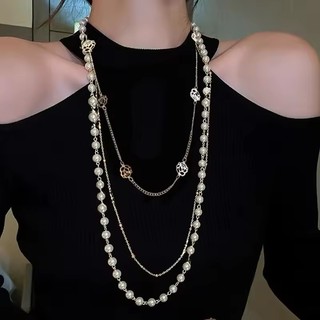 Vòng cổ dài ngọc trai hoa hồng rỗng cổ điển thanh lịch - Thiết kế hai lớp Vòng cổ thời trang Trang sức dành cho nữ