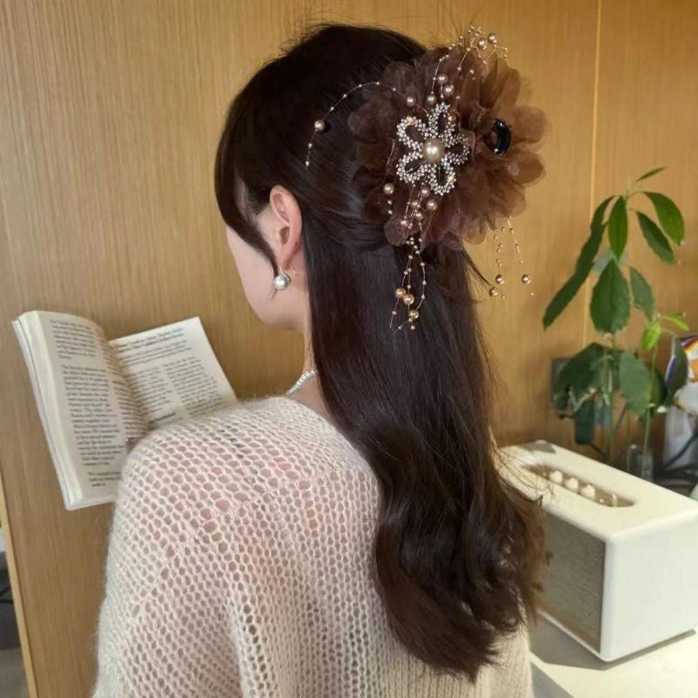 TRACEILLOIAN Móng Vuốt Tóc Hướng Dương, Kẹp Tóc Cá Mập Lấp Lánh Lưới, Kẹp Tóc Tua Rua Thời Trang Mũ Đội Đầu Nữ