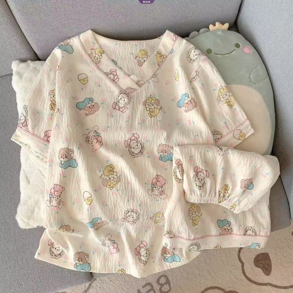 Hoạt Hình Hello Kitty Bộ Đồ Ngủ Nữ Mùa Hè Ngắn Tay Quần Short Cổ Chữ V Giải Trí Mặc Ở Nhà [BL]