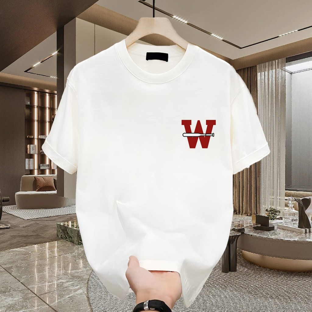 Hàng sẵn có Áo sơ mi thông thường 100% Cotton cao cấp Mặt sau mới với áo thun cổ tròn in chữ W lớn