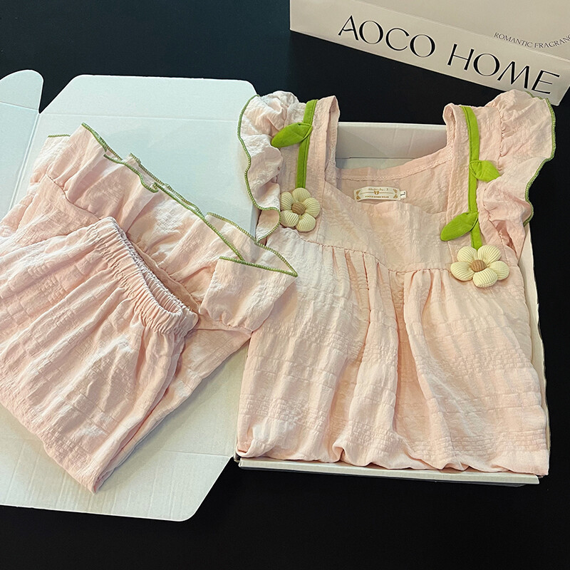 Bộ Đồ Ngủ Nữ Mùa Hè Sling Phù Hợp Với Miếng Lót Ngực Áo Ngực Không Mặc Dễ Thương Phong Cách Nhật Bản Áo Khoác Ngoài Nhà Quần Áo Phù Hợp Với