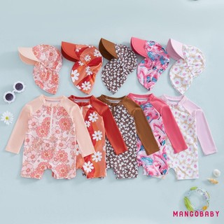 MG-Toddler Girl Áo tắm dài tay in hoa / Flamingo nửa dây kéo chống đóng cọc Rash Guard Đồ bơi Sunhat Set