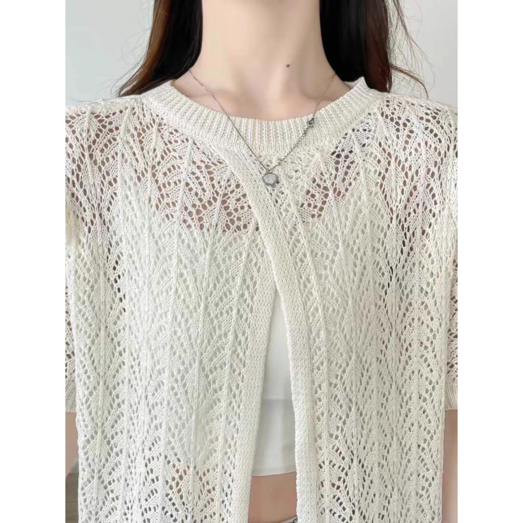 SUXI Mùa hè Mới Đơn Giản Nữ Phong Cách Hàn Quốc Móc Hoa Rỗng Dệt Kim Cardigan 250510