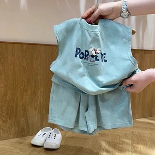 Bộ áo vest cotton mỏng mùa hè cho bé trai, áo thun không tay in hình hoạt hình và quần short hai mảnh