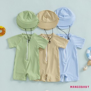 MG-Toddler Bé Trai Sọc Đồ Bơi Tay Ngắn Nửa Dây Kéo Chống Đập Rash Guard Đồ Bơi Sunhat Set