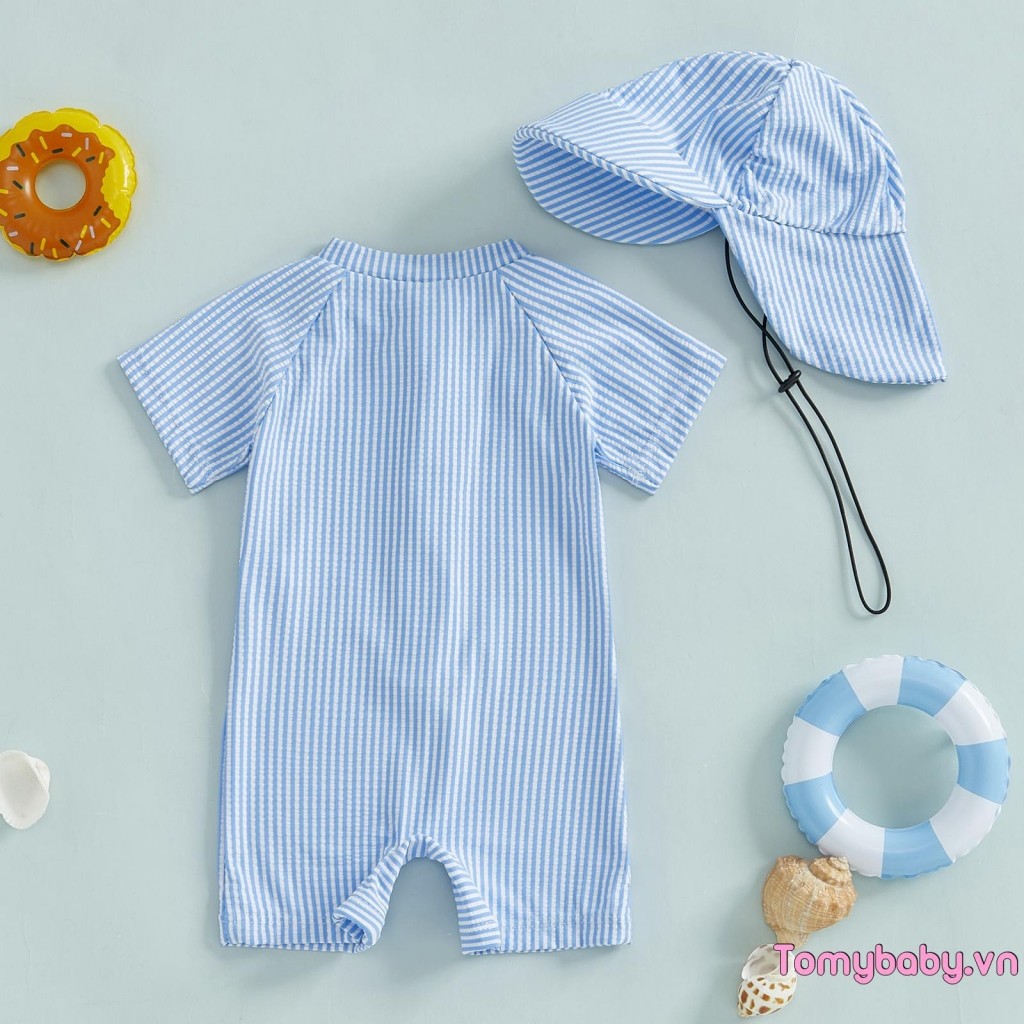 Bộ đồ bơi sọc cho bé trai tay ngắn nửa dây kéo Đồ bơi không đóng cọc + Bộ Sunhat