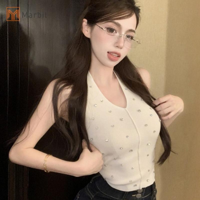 Marbit Thời Trang Nữ Gợi Cảm Dây Lưng Không Tay Ôm Dệt Kim Camisole Với Kim Cương Giả Mới