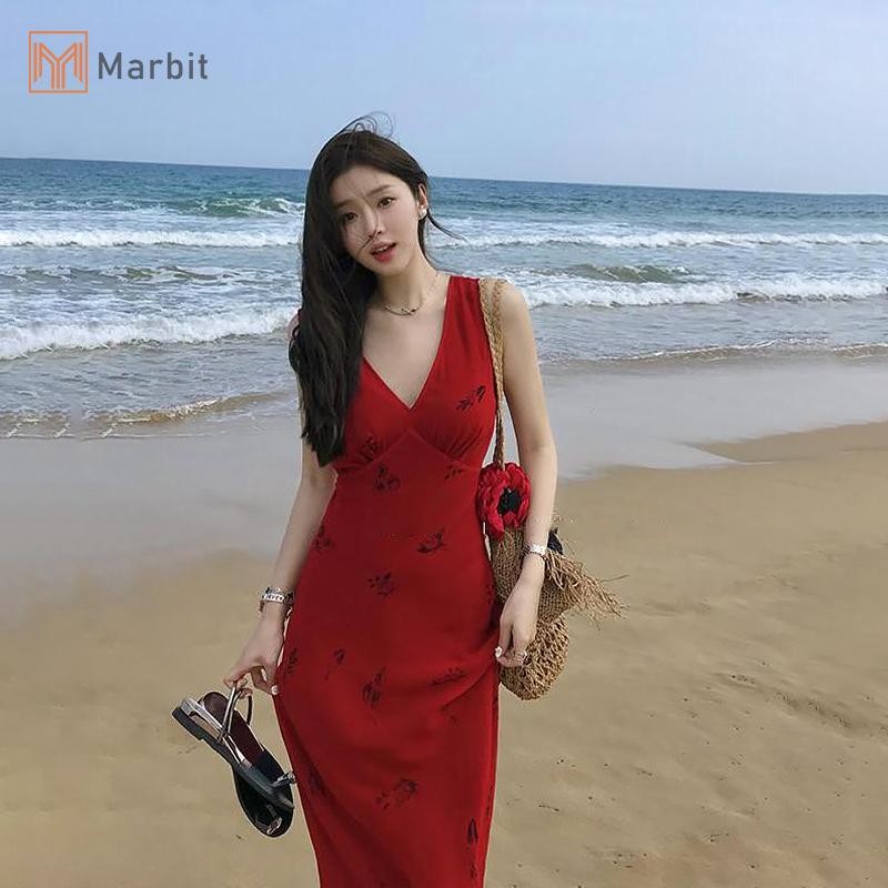 Marbit Mùa Hè Nữ In Hoa Cổ Chữ V MIdi Đầm Đi Biển Phong Cách Lưng Đầm Mới