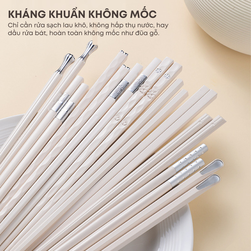 Set 5 đôi đũa ăn cơm trắng bạc 5 kiểu chất liệu sợi thủy tinh không mốc kháng khuẩn chống trơn chịu nhiệt cao cấp (BA12)