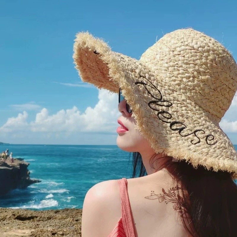 Mũ rơm mùa hè, Mũ đi biển chống nắng nghỉ dưỡng Tam Á, mũ rơm Lafite che nắng mái hiên lớn, Mũ đi biển nữ thêu