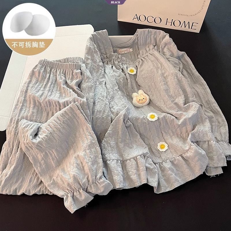 Xuân Thu Mới Bộ Đồ Ngủ Ren Ngọt Ngào Nữ Có Miếng Lót Áo Ngực Màu Hồng Dài Tay Rời Homewear Suit [BL]