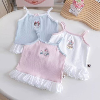 Áo thun camisole mùa hè ngọt ngào cho bé gái, áo vest ren không tay thêu hoạt hình cho trẻ em