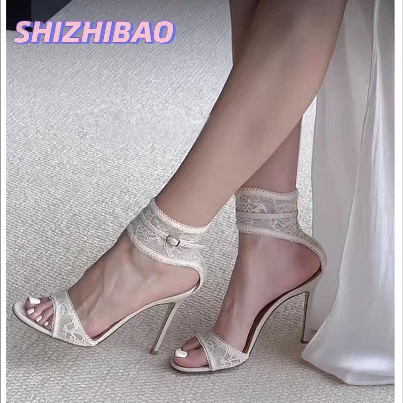 SHIZHIBAO Xăng đan gót cao thêu tay có dây đeo mắt cá chân cho mùa hè ...