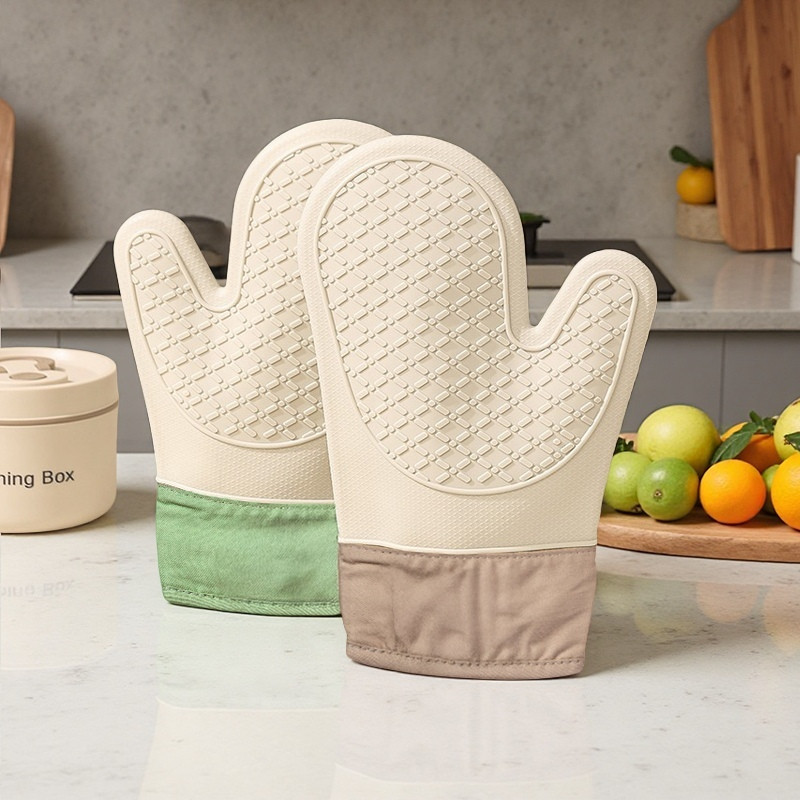 Găng tay lò nướng chịu nhiệt bằng silicon và Cotton có tay cầm chống trượt - Chiều dài mở rộng để nướng, nướng và sử dụng trong nhà bếp (1 đôi)