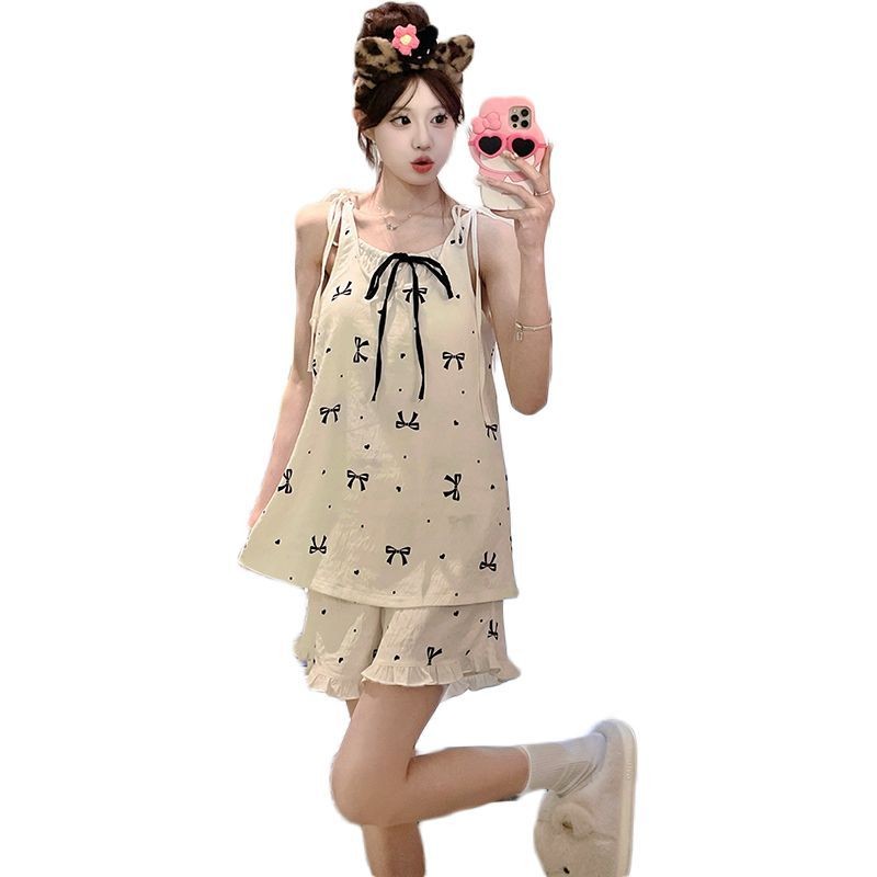 Mùa Hè Phong Cách Mới Mây Cotton Hoạt Hình Ngọt Ngào Bộ Đồ Ngủ Nữ Có Miếng Lót Ngực Cố Định Phong Cách Mỏng Rời Thường Ngày Homewear Phù Hợp Với