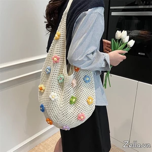 Túi Tote Dệt Tay Nữ 3D Hoa Rỗng Ra Dung Tích Lớn Xô Túi Đeo Vai Cho Kỳ Nghỉ