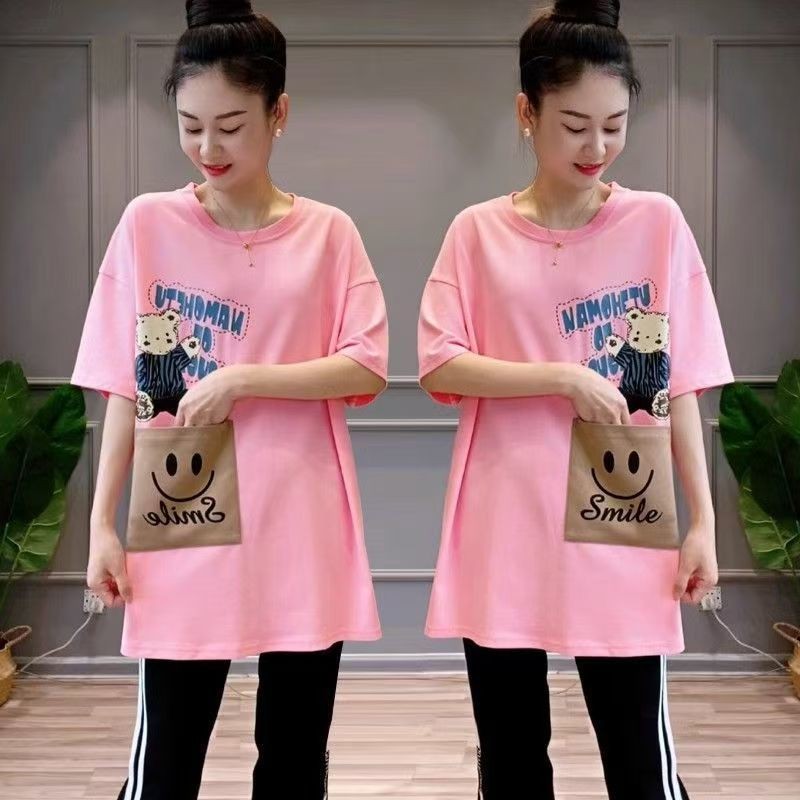 150kg Mùa Hè Phong Cách Mới Áo Thun Rời Thường Ngày Gấu Giữa Chiều Dài Túi Ngắn Tay Top