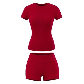 Đơn giản Spice Girl Wind Suit bó sát với miếng đệm ngực Áo thun tay ngắn Quần Short lưng cao Bộ đồ hai mảnh