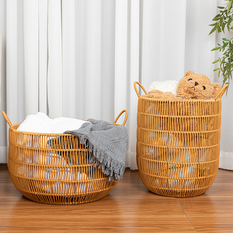 Giỏ Giặt Mây Giả Retro Có Tay Cầm, Phòng Tắm Phòng Ngủ Giỏ Quần Áo Bẩn Rỗng, Đồ Chơi Trẻ Em, Thảm Tập Yoga, Xô Đựng Ô
