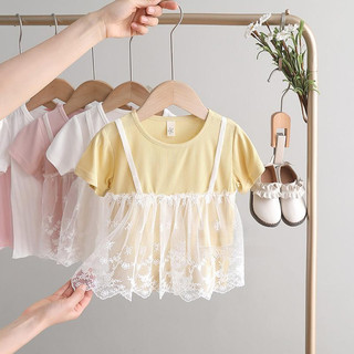 Áo thun ngắn tay ren patchwork mới cho bé gái mùa hè, áo màu trơn ngọt ngào cho trẻ em