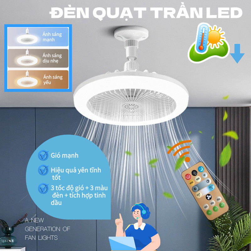 LED Đèn Quạt Quạt Yên Tĩnh Cho Phòng Ngủ Và Bếp Gia Đình Điều Khiển Từ Xa 3 Chế Độ Sáng Đèn Quạt