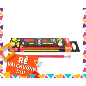 Bút chì đen chì gỗ, chì chuốt 2B Deli NEON DELI U518 00, thân 3 cạnh tam giác định vị, kèm gôm tẩy.