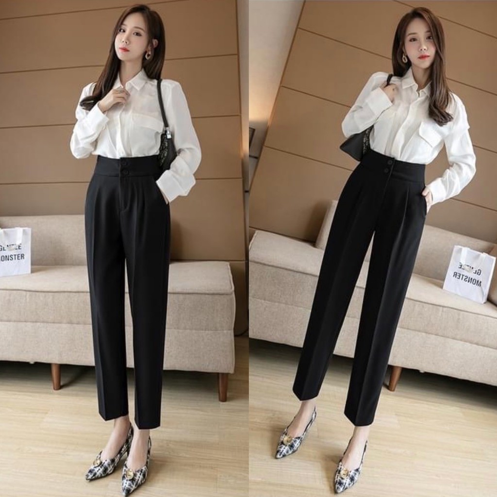 Quần baggy vải nữ 2 khuy dọc, dày co giãn nhẹ đi học làm công sở