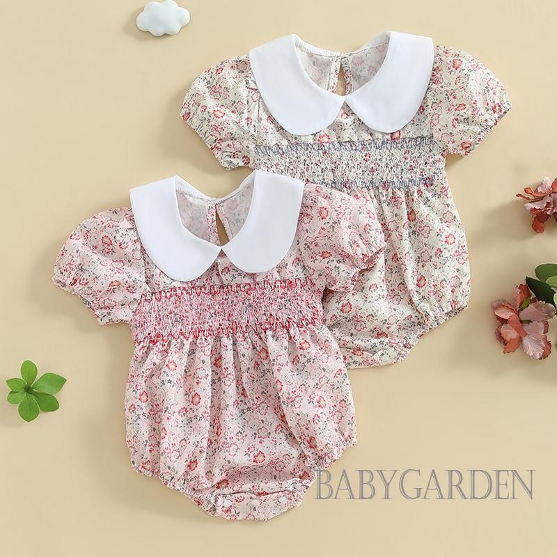 / / -Bộ Áo liền quần mùa hè cho bé gái Áo liền quần ngắn tay cổ búp bê in hoa Bộ đồ chơi sơ sinh