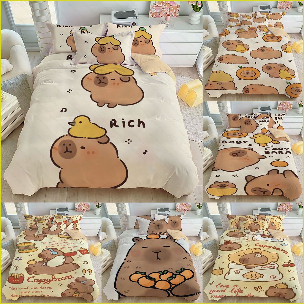 PS1 Dễ Thương Capybara 3IN1 Phù Hợp Với Bộ Chăn Ga Gối Chăn Ga Gối Nhà Phòng Ngủ Có Thể Giặt Ký Túc Xá SP1