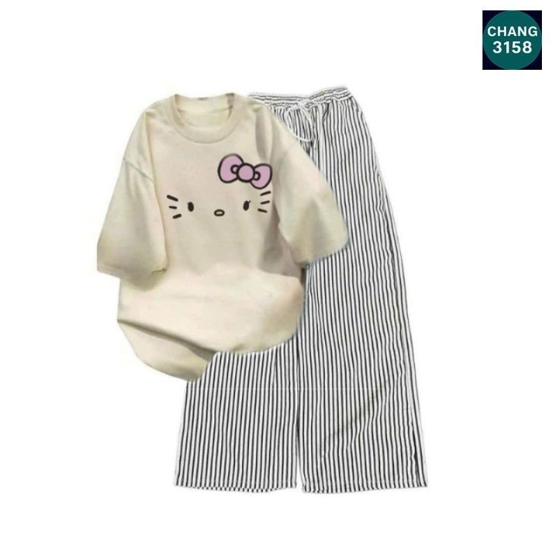 [ SẴN HÀNG ] Tổng hợp Sét Bộ Đồ Quần Đũi Kẻ Sọc +Mix áo Phông Mèo cute form rộng tay lỡ chất cotton-Chang3158