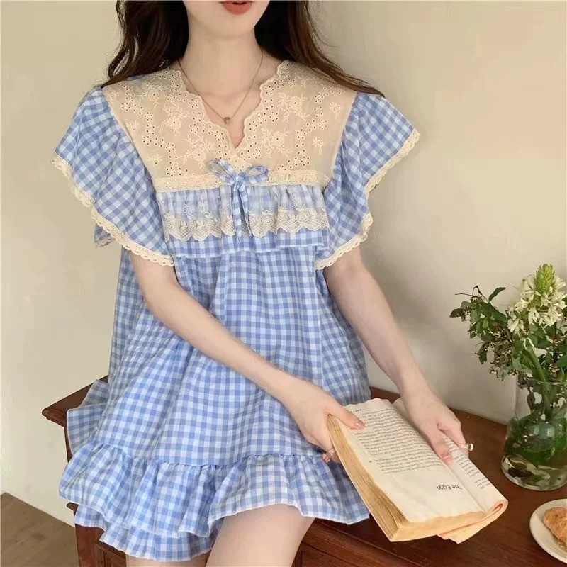 Đồ Bộ Ngủ Nữ Mùa Hè Tay Ngắn Caro Bigsize Mặc Nhà Form Rộng Mát Mẻ Dáng Tiểu Thư – PONA