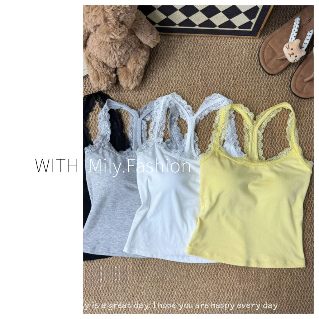 Áo vest camisole T-back viền ren Milyfashion cho phụ nữ với đệm ngực, thiết kế độc đáo, lưng đẹp, áo racerback cho phụ nữ