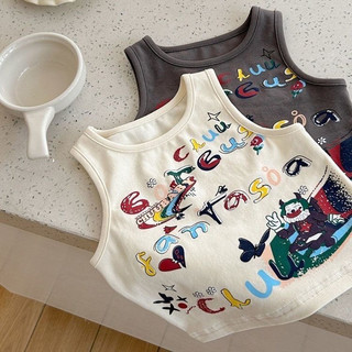 Áo vest cotton mới mùa hè cho bé trai và bé gái, áo phông in chữ graffiti, áo không tay thời trang cho trẻ nhỏ