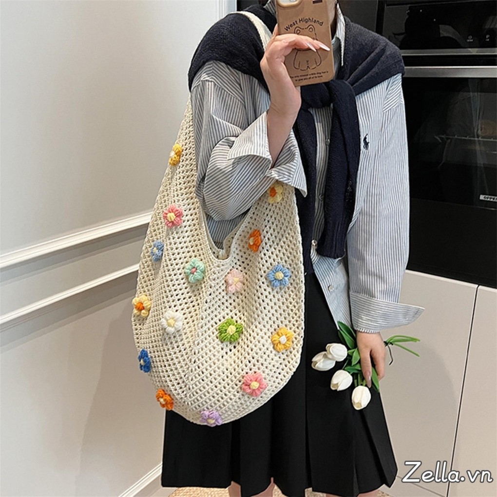Túi Tote Dệt Tay Nữ 3D Hoa Rỗng Ra Dung Tích Lớn Xô Túi Đeo Vai Cho Kỳ Nghỉ
