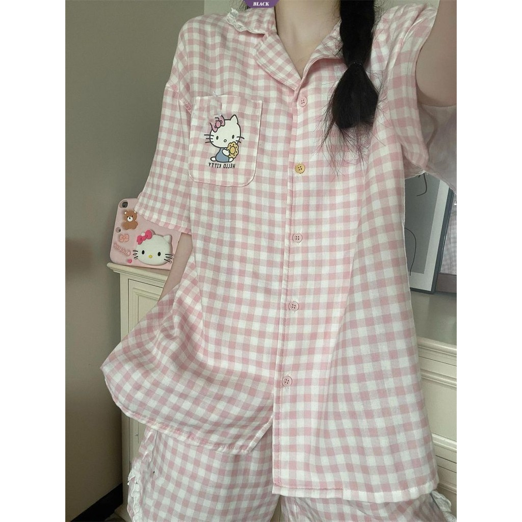 Bộ Đồ Ngủ Mèo Kitty Kẻ Sọc Nữ Mùa Hè Mới Ren Quần Short Tay Ngắn Ins Phong Cách Học Sinh Nhật Bản Quần Áo Gia Đình [BL]