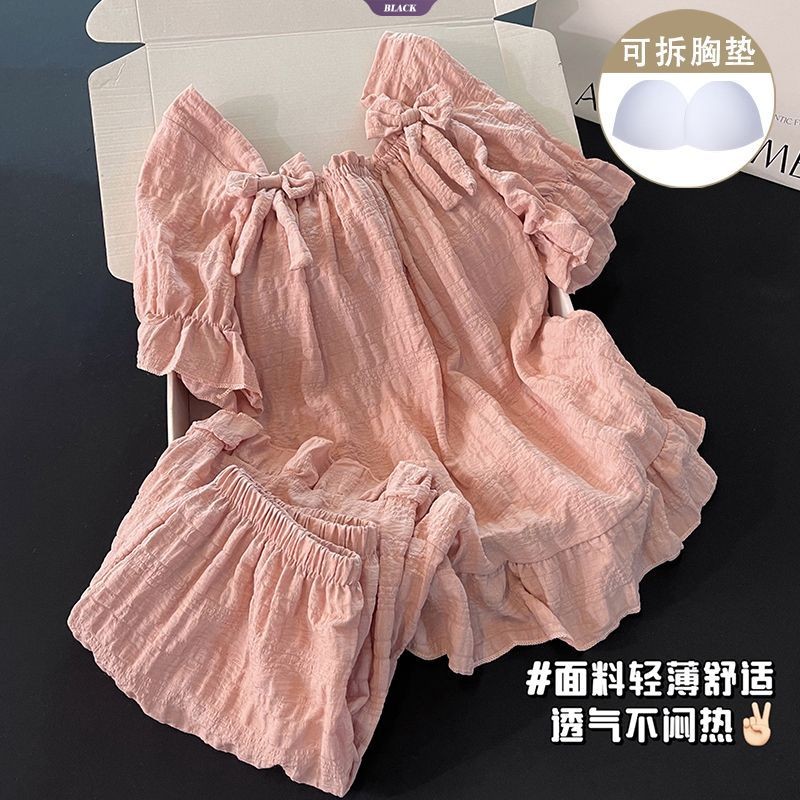 2025 Bộ Đồ Ngủ Mới Nữ Mùa Hè Nơ Hồng Ngọt Ngào Có Miếng Lót Áo Ngực Quần Short Tay Ngắn Sinh Viên Homewear Suit [BL]
