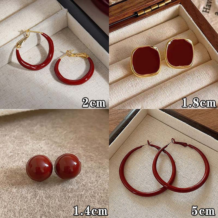 Retro Tính Khí Đỏ Bông Tai Làm Trắng Da Cao Cấp Đơn Giản Bông Tai Thu Đông Phong Cách Năm Mới Bông Tai Thời Trang